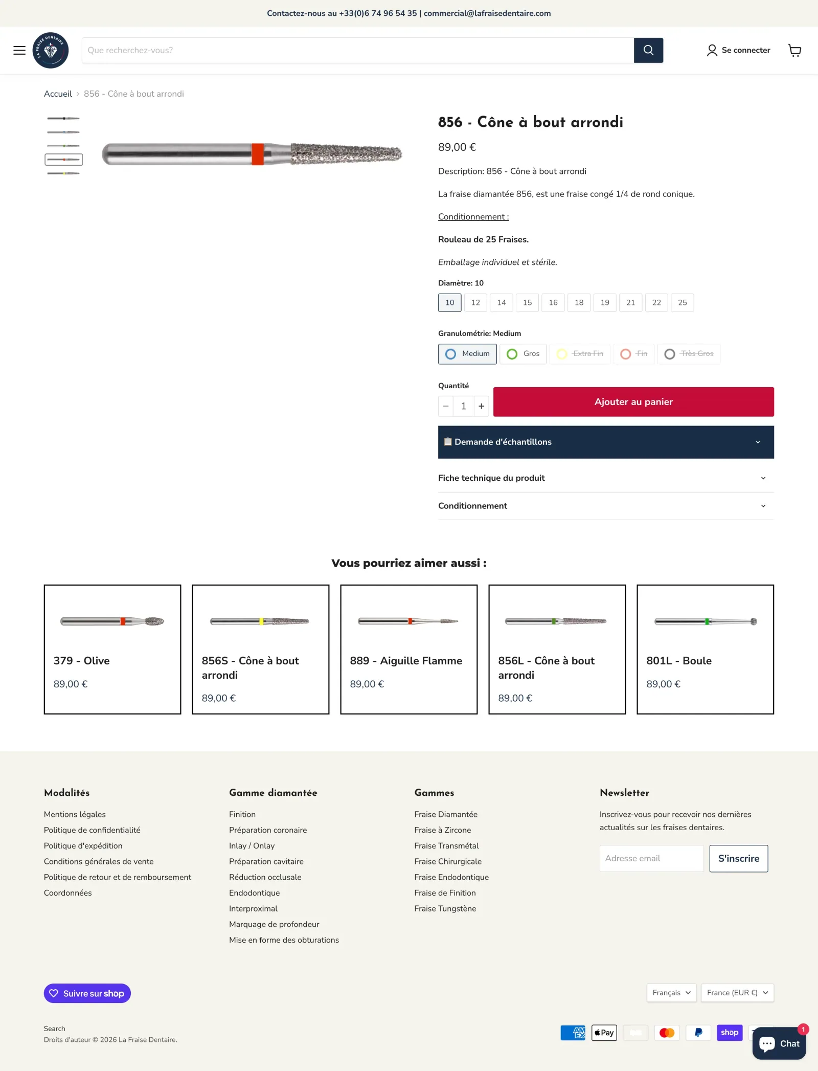 Page produit La Fraise Dentaire — catalogue Shopify avec variations médicales et import massif